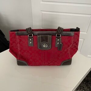 Coach Signature Red Jacquard Tote with Brown Leather Trim